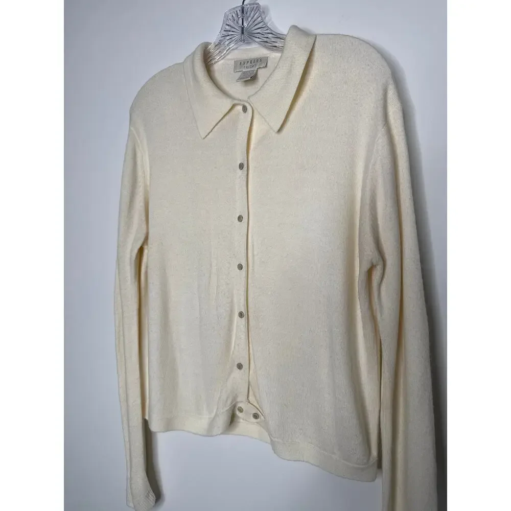 Vintage 70s Express Tricot Ivory Collared Cardigan Sweater Hong Kong Medium